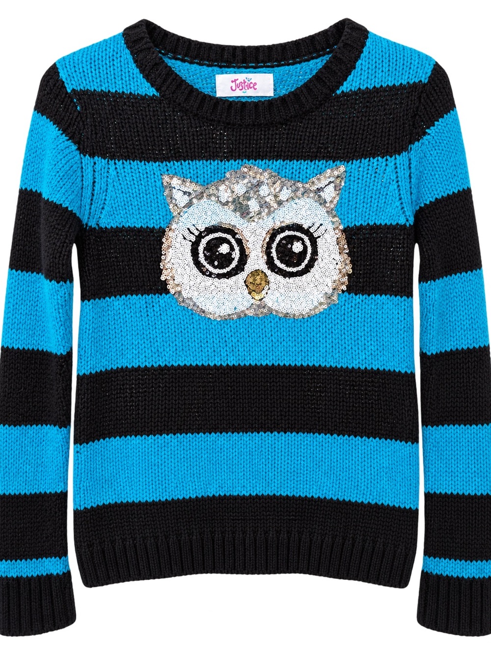 Justice Girls Size 12 Turquoise Black Striped Sequin Owl Sweater
